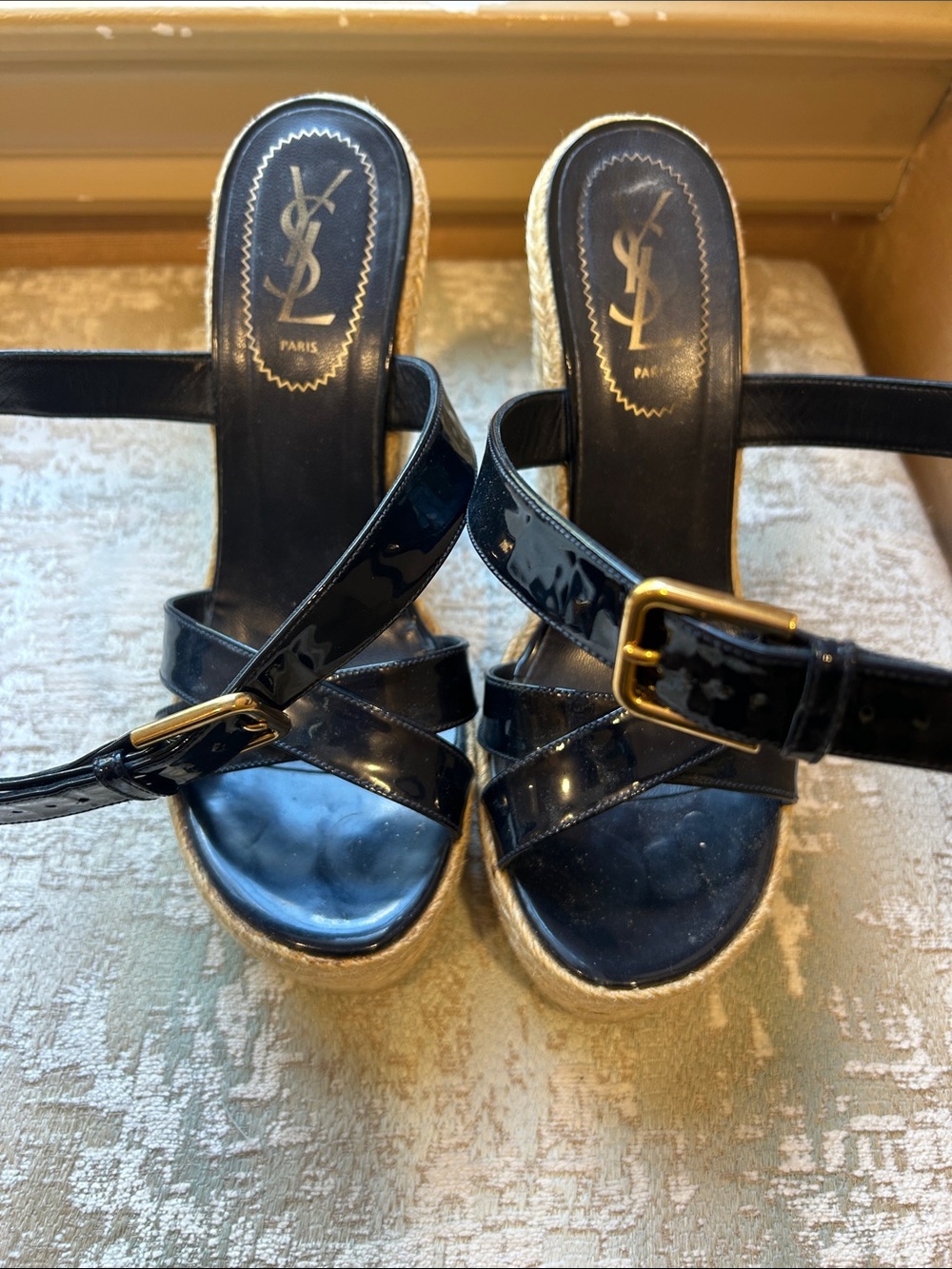 Saint Laurent Black Patent Leather Wedge Espadrilles with Gold Buckle